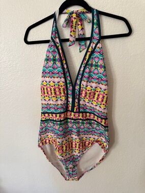 Vibrant Geometric Halter One-Piece Swimsuit - Pink, Teal, Yellow size 22w